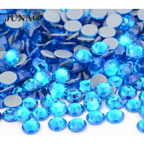 JUNAO SS6 8 10 16 20 30 Capri Blue Color Hot Fix Rhinestones Glass Strass Iron On Stone Flatback Diamond Gems for Clothes