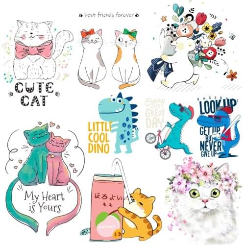 Prajna Cartoon Cat Dinosaur Parches Iron On Patches For Clothing Heat Transfer Bear Patches Thermal Stickers On Clothes Applique