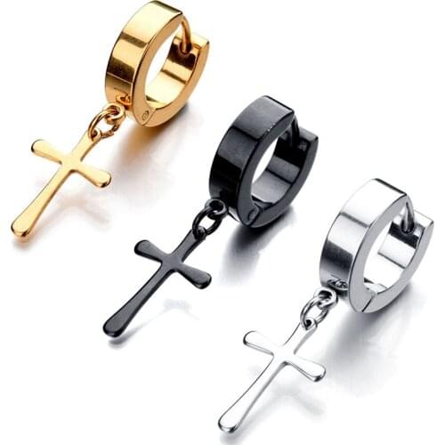 Trendy Small Punk Stainless Steel Hoop Earrings Black/White/Golden Cross Pendant Tiny Huggies Earring Jewelry For Men Women