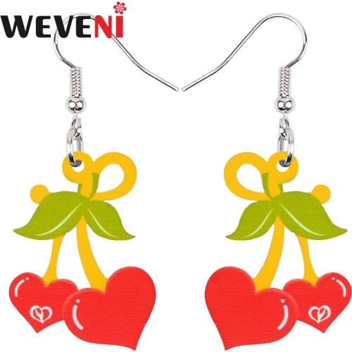 WEVENI Valentines Day Acrylic Red Love Heart Shape Cherry Earrings Long Drop Dangle Fashion Charm Gifts Jewelry For Women Girls