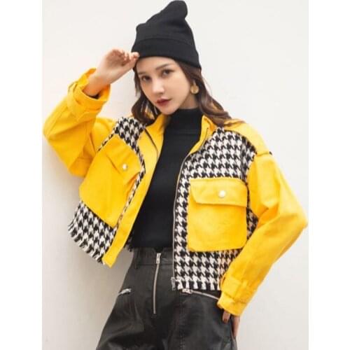 JUNWU Za Spring Autumn Womens Black Houndstooth Yellow Denim Fabric Stitching High Neck Short Long Sleeve Jacket High Street