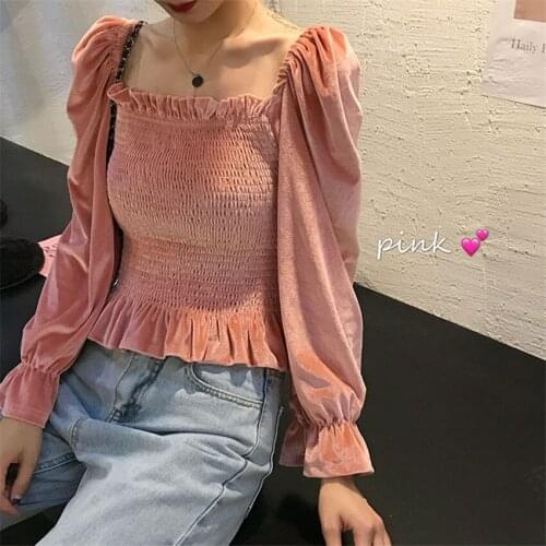 New Autumn Women Gold Velvet Blouse Girl Square collar Shirt Spring Long Sleeve Blousas Basic Tops Pullovers Bottomings WZ1129