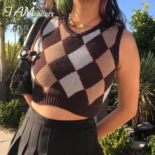 Y2K Aesthetic Argyle Plaid Oversized Sweater Vest Women Jumpers Sleeveless Girls Knitted Pullover Autumn Winter 2020 Iamhotty