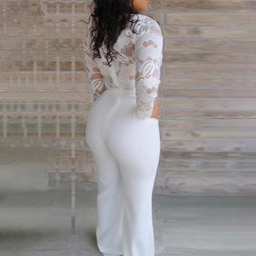 2021 Autumn New Office Lady Jumpsuit Lace Patchwork Deep V Neck Loose Straight Leg Lace-up Waist Tied Jumpsuit for Office