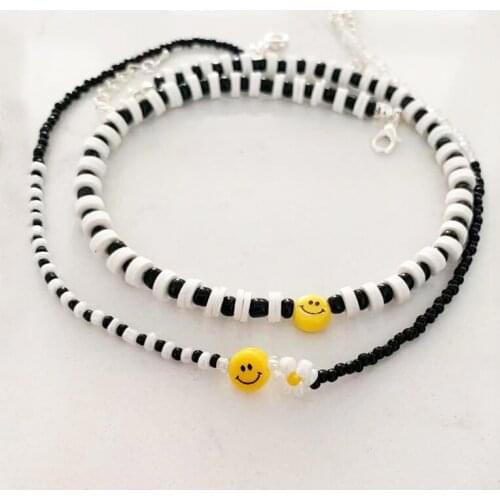 Creative Asymmetrical Design Beaded Necklace For Women Fashion Glamour Smiley Choker White Flower Daisy Embellishment Beach