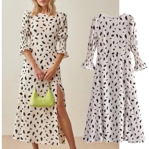 Dave&Di Summer Midi Dress Women Vestidos England France Romantic Elegant Leopard Print O-neck Forking Sexy Party Dress Women
