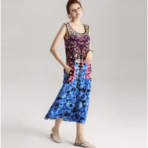 Summer Pure Silk Pockets Tank Dress 100% Mulberry Silk Women Long One-piece Print Dresses M L FREE SHIPPING