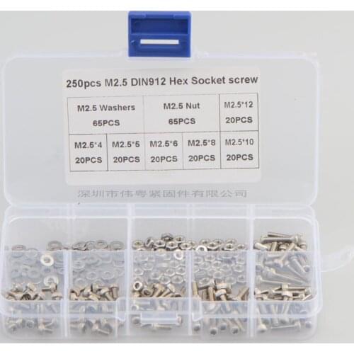 250Pcs/set DIN912 M2.5 304 Stainless Steel Hexagon Socket Head Cap Screws Furniture Hex Bolts Assortment Kit