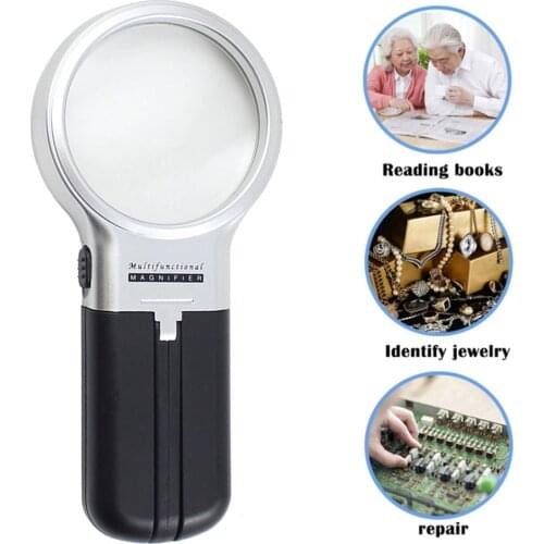 3X Folding Lamp Loupe Magnifier Reading Portable Handheld Illuminated Magnifying Glass with 2 LED Lights for Newspaper