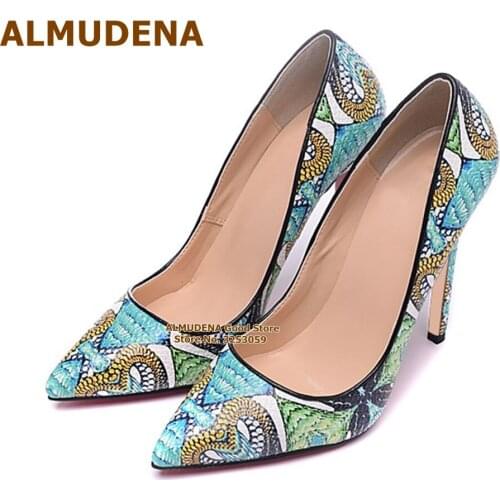 ALMUDENA Green Painting Snake Pattern High Heel Shoes Sexy Python Printed Colorized Dress Pumps Slip-on Pointed Toe Heels Size45