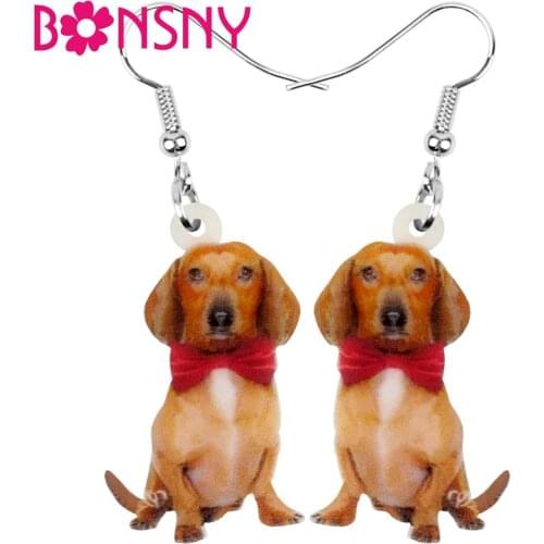 Bonsny Acrylic Valentines Day Bow-knot Dachshund Dog Earrings Drop Dangle Jewelry For Women Girl Teen Lover Festival Charm Gift