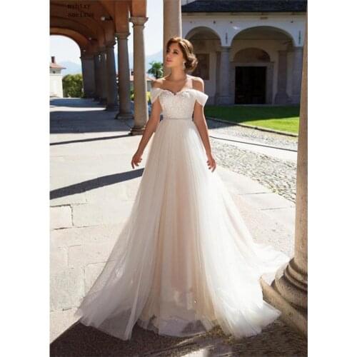 Cheap Boho Wedding Dress Off The Shoulder Fairy A Line Vintage Princess Wedding Gown Tulle Beach Bride Dress 2020 Robe De Mariee