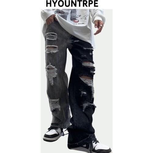 Mens Hip Hop Denim Jeans High Street Irregular Washed Ripped Holes Casual Loose Straight Zipper Joggers Hip Hop Streetwear Jeans