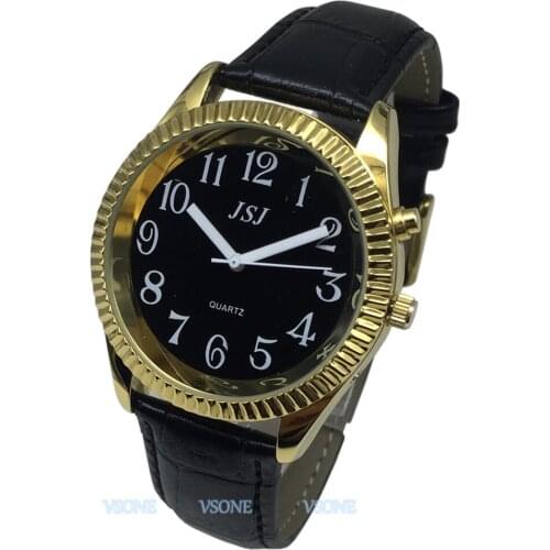 French Talking Watch with Alarm Function, Talking Date and time, Black Dial, Black Leather Band, Golden Case TAF-307