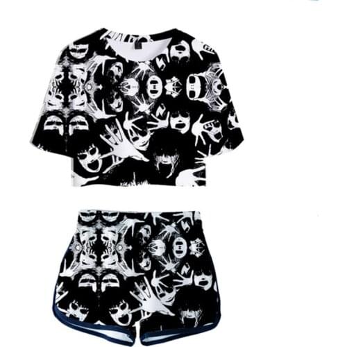 Japanese Anime Junji Ito Two Piece Set Women Girls New fashion Print Dew navel Short T-shirt Pants Sport Suit Girl