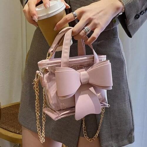 Cute Bow Transparent Bucket bag Tote bag 2021 New High-quality PU Leather Womens Designer Handbag Chain Shoulder Messenger Bag