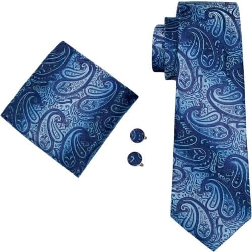 LS-1430 Barry.Wang Fashion Men`s Tie Blue Paisley 100% Silk Hanky Cufflink Dropshipping Necktie For Men`s Wedding Party Business