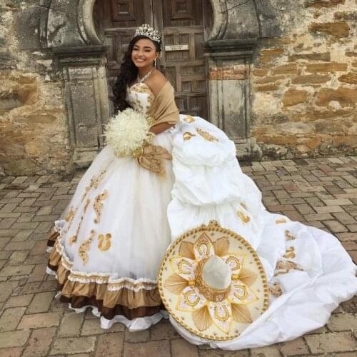 New Charro Quinceanera Dresses with Wrap Embroidered Sweetheart Mexican Ball Gown Sweet 16 Vestidos 15 Anos Detachable Train