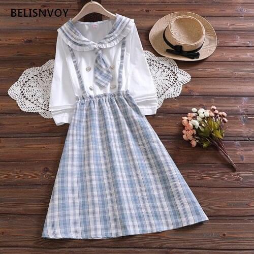 Japanese Preppy Style Fake two Piece dresses Spring Fall Women Elegant Plaid Long Sleeve Dress Cute Kawaii Sailor Collar Dresses