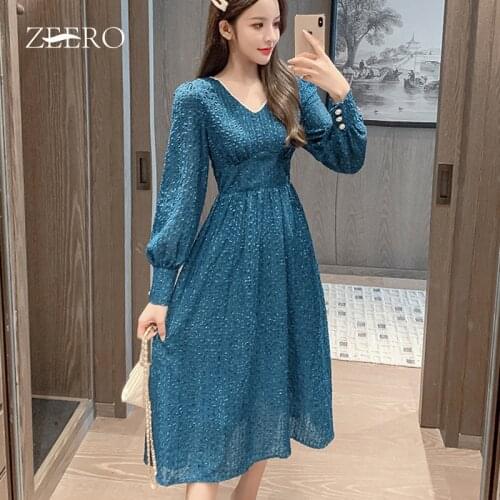 Spring Autumn Womens Elegant Party Dress Female Korean Vintage V-Neck Lantern Slevee Buttons Slim Big Swing A-Line Midi Dresses