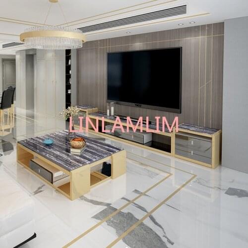 Natural marble Stainless steel TV Stand modern Living Room led monitor stand mueble tv cabinet mesa tv table + coffee table