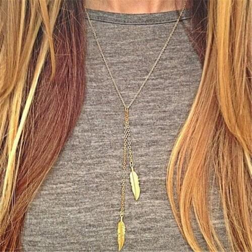 Simple Long Gold Necklace with Delicate feather Dorp Gold fill Chain Lariat Jewelry Long Necklace alloy jewelry