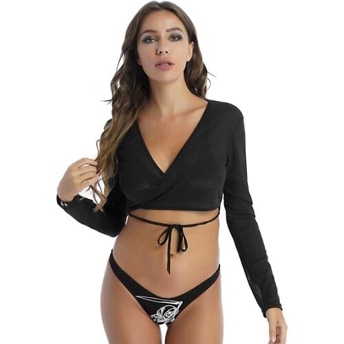 Oversized Women Sexy Shirts Korea Chic Lace-up V Neck See-through Mesh Wrap Crop Top Clubwear Long Sleeve Sheer Cropped T-shirt
