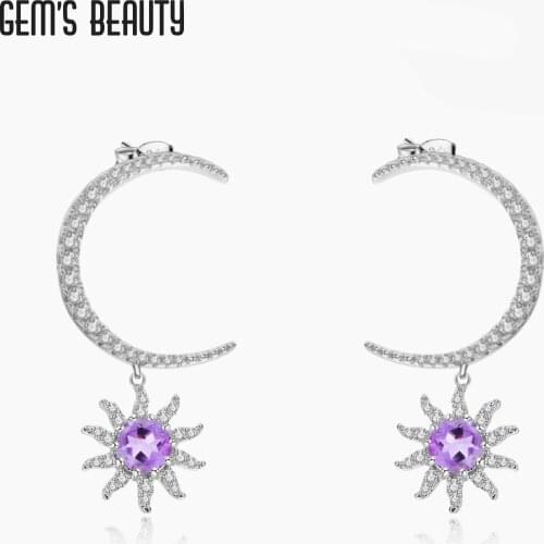 GEMS BEAUTY 925 Sterling Silver Earring Sun Halo Moon Round Natural Amethyst Handmade Studs Earring For Women Romantic Gift