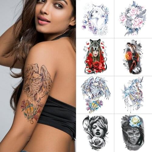 Half arm temporary tattoo sticker Pink red flower Waterproof fake tattoo Snake wolf Body Art Tattoo Woman sexy tattoo