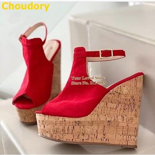 Choudory Suede Leather Wedge Suandals Open Toe Wood Platform Dress Shoes Ankle Buckle Strap Nightclub Women Shoes Size47