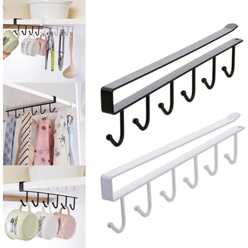 6 Hooks Cup Holder Hang Kitchen Cabinet Under Shelf Storage Rack Organiser Hook Iron Kitchen Storage Rack Bathroom Organizer