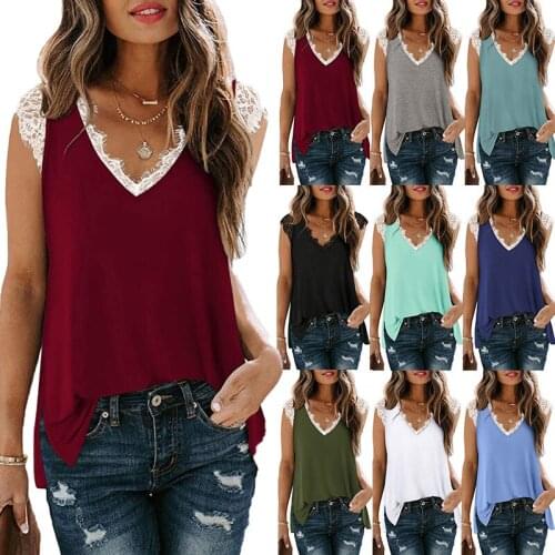 European and American Womens 2021 New V-neck Lace Vest T-shirt Loose Printed Slit Top streetwear women top vintage