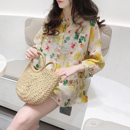 Sweet Style Cotton Linen Printed Women Shirts Vintage Loose Floral Female Outwear Coats Tops