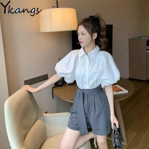 Women Suit 2021 New Puff Sleeve White Shirt Lace-up Wide-leg Shorts Suit Summer Ladies Sweatshirt Hepburn Light Cooked Wind Set