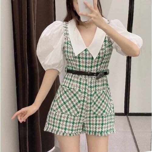 Vintage Tweed Playsuits Women Puff Sleeve Patchwork Elegant Playsuit With Belt Plus Size Overalls monos mujer