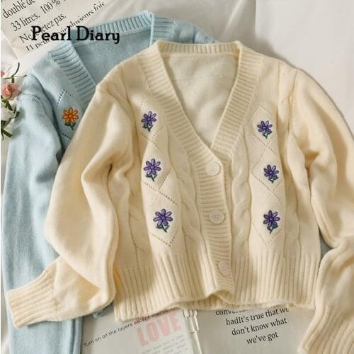 Pearl Diary Women Autumn Winter Sweaters V Neck Floral Embroidery Long Sleeve Cardigans England Style Rib Hem Vintage Sweaters