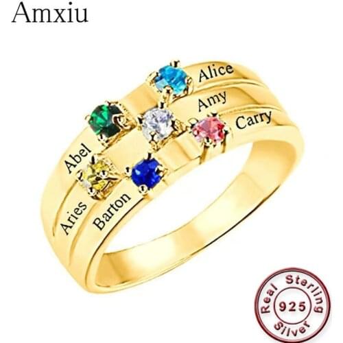 Amxiu Custom 925 Sterling Silver Wide Ring Engrave Team Members Family Name Rings For Mother Womens Day Gift Large Zircon Rings