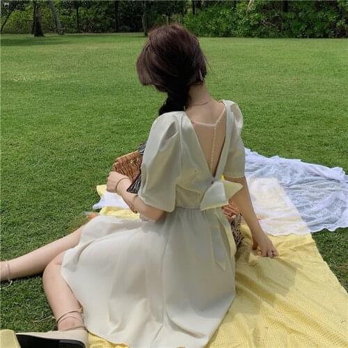 Summer Solid Color Dress Woman 2021 New Vintage French Temperament Goddess Fan Backless Bow Short-Sleeved Dresses Female A730