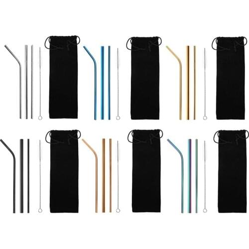 5pcs/Set Metal Reusable 304 Stainless Steel Drink Straight Bent Straws With Cleaning Brush Party Bar Party Accessory