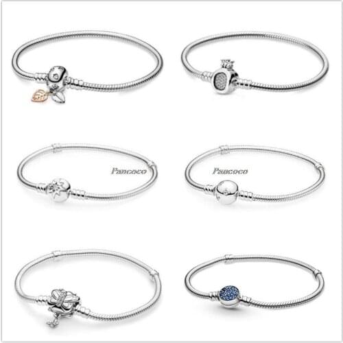 Authentic 925 Sterling Silver Moments Crown O With Crystal Snake Chain Bracelet Bangle Fit Women Bead Charm Pandora Jewelry
