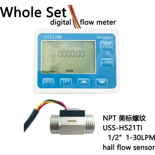 US211M Digital Flow Meter with NPT Thread Flow Sensor USS-HS21TI NPT1/2" DN15 1-30LPM Show Total Current Flow iSentrol