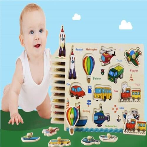 Baby Toys Montessori wooden Puzzle/Hand Grab Board Set Educational Wooden Toy Cartoon Vehicle/ Marine Animal Puzzle Child Gif