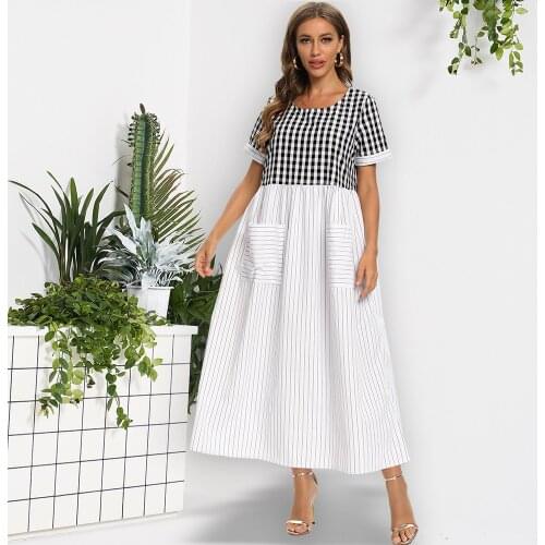 Fridayin 2021 Summer and Spring Patchwork O-Neck Dress Plaid Stripe Cotton Long Sleeve Vestidos