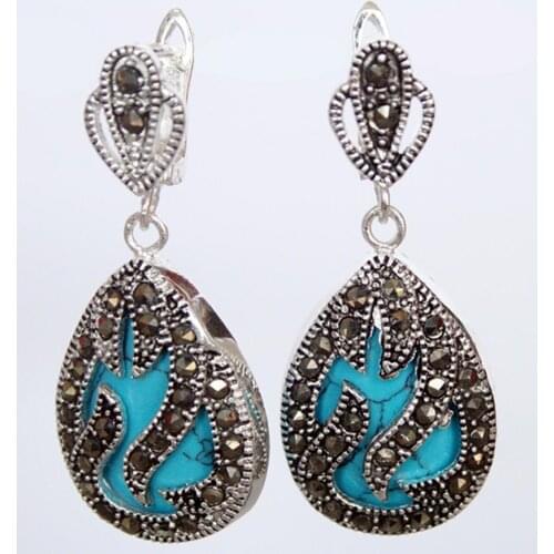Hot Sell 11/2" fashionable jewelry 925 Silver & Marcasite inlay blue Natural Turquoise Waterdrop Earrings