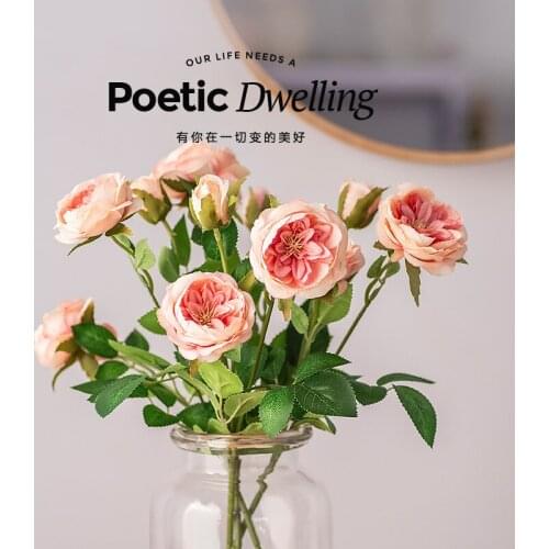 Artificial Flower Rose Flower Premium Plastic fake plant Home decoration Pink wedding Valentines Day One with three heads