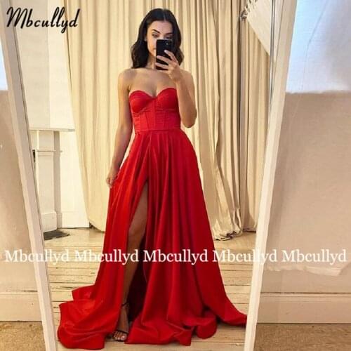 Red Satin Evening Dresses Sexy Front Slit V Neck Long Prom Gown 2021 A-line Formal Special Occasion Dress Plus Size