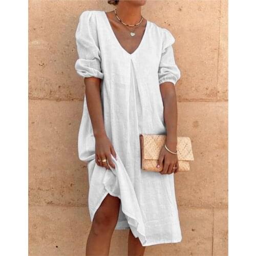 Solid yellow pink white summer cotton linen dresses for women 2021 Casual short sleeve midi sundress sukienka plus size 3xl