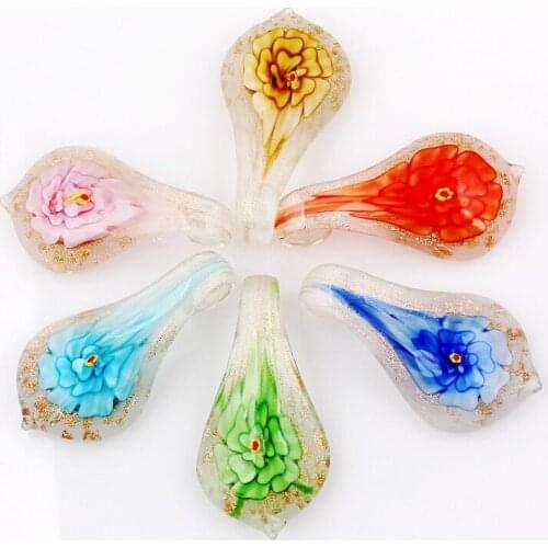 Qianbei Mix Color Drop Flower Pendant Fit Necklace Gifts Jewelry Wholesale 6pcs Handmade Murano Lampwork Glass