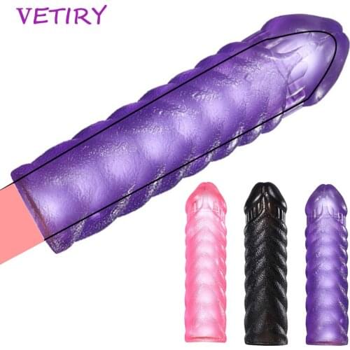 VETIRY Reusable Penis Sleeve Extender Realistic Penis Condom Silicone Extension Sex Toy for Men Cock Enlarger Thread Stimulation