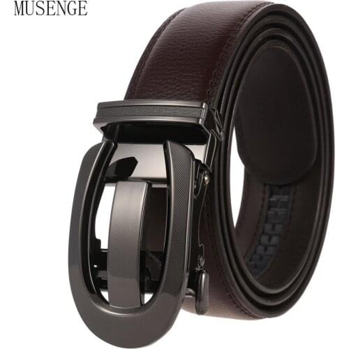 3.5cm Width High Quality Cow Genuine Leather Belt for Men Business Metal Automatic Buckle Ratchet Dark Brown Mens Belts Jeans